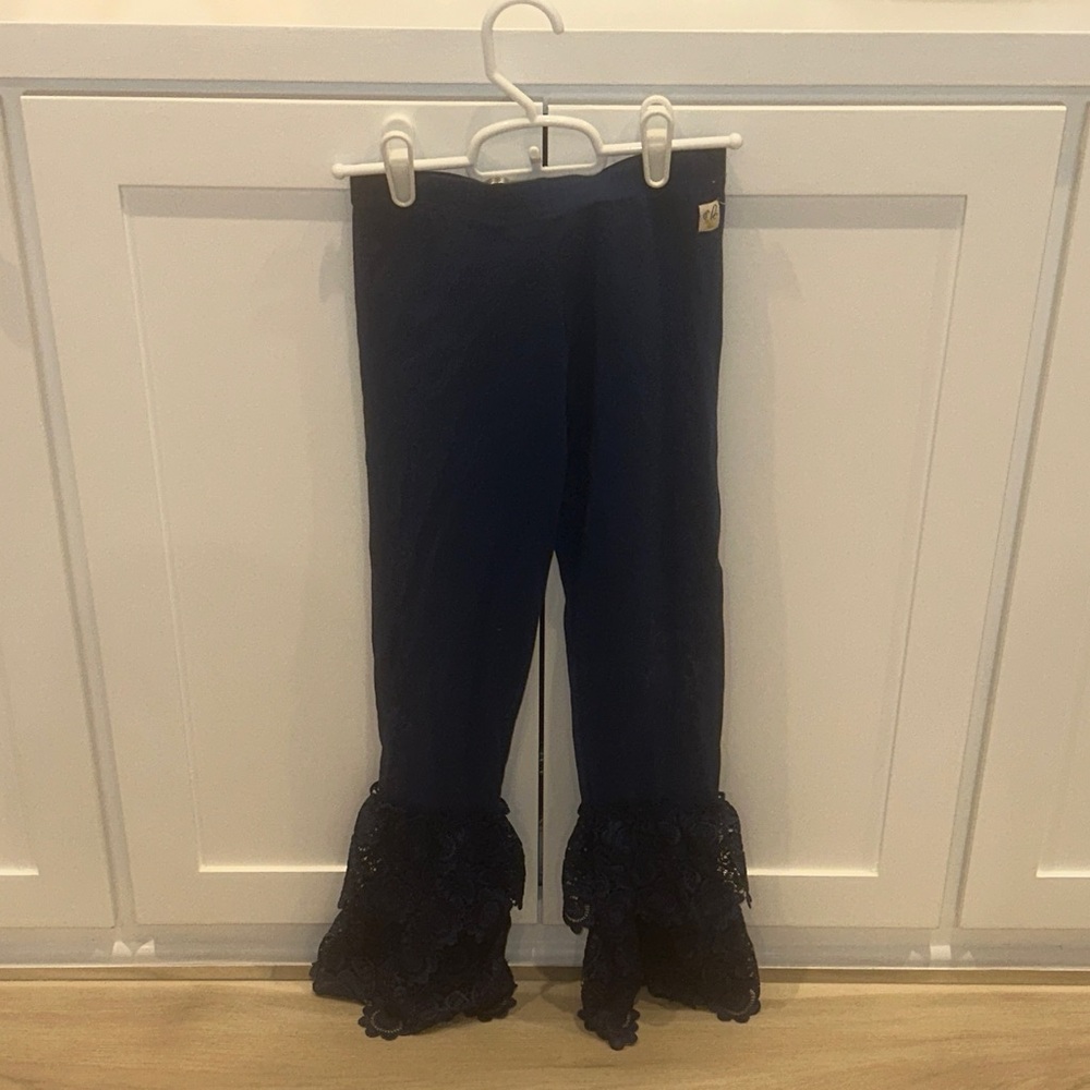 NWOT Wildflowers Brand Solid Navy Blue Lace Ruffle Leggings Girls Size 10